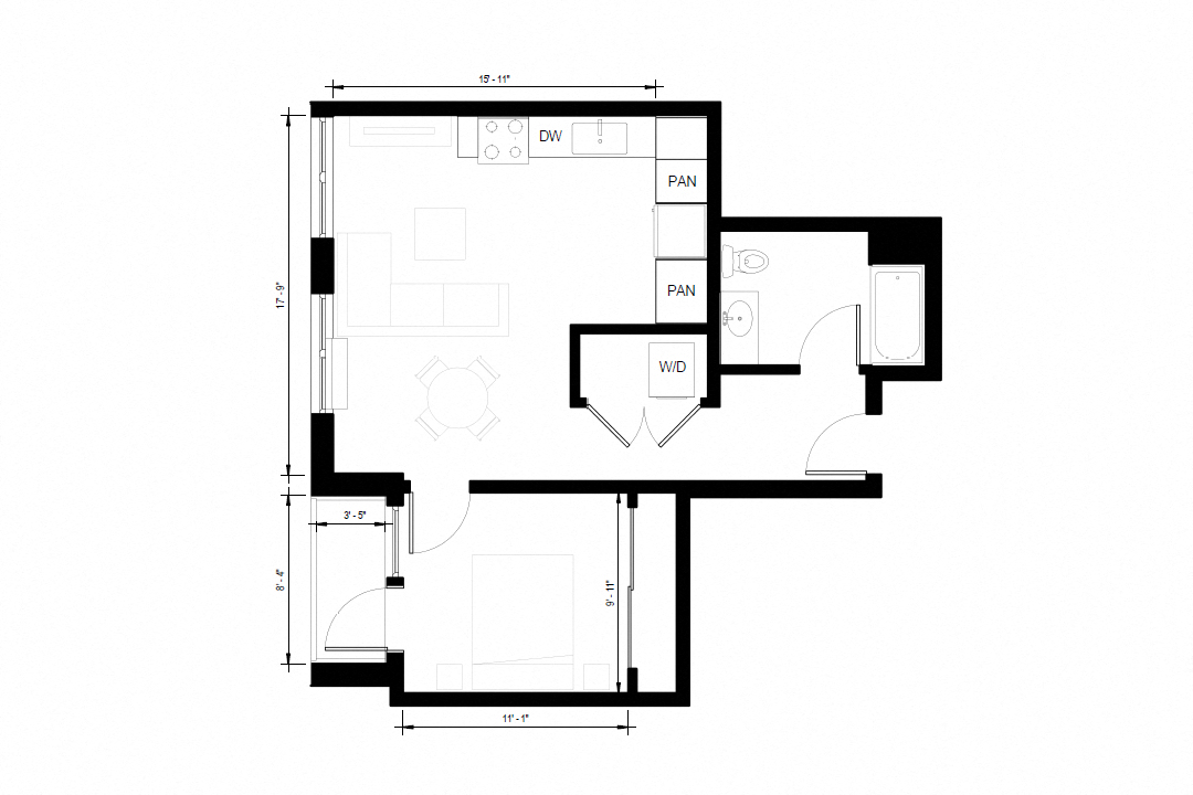 Floor plan for 1 bed, 1 bath, 654 sqft